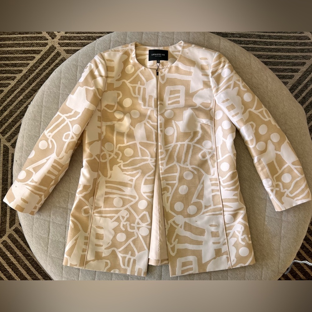 NWT LAFAYETTE 148 New York Size 12 Tan White Long Blazer
